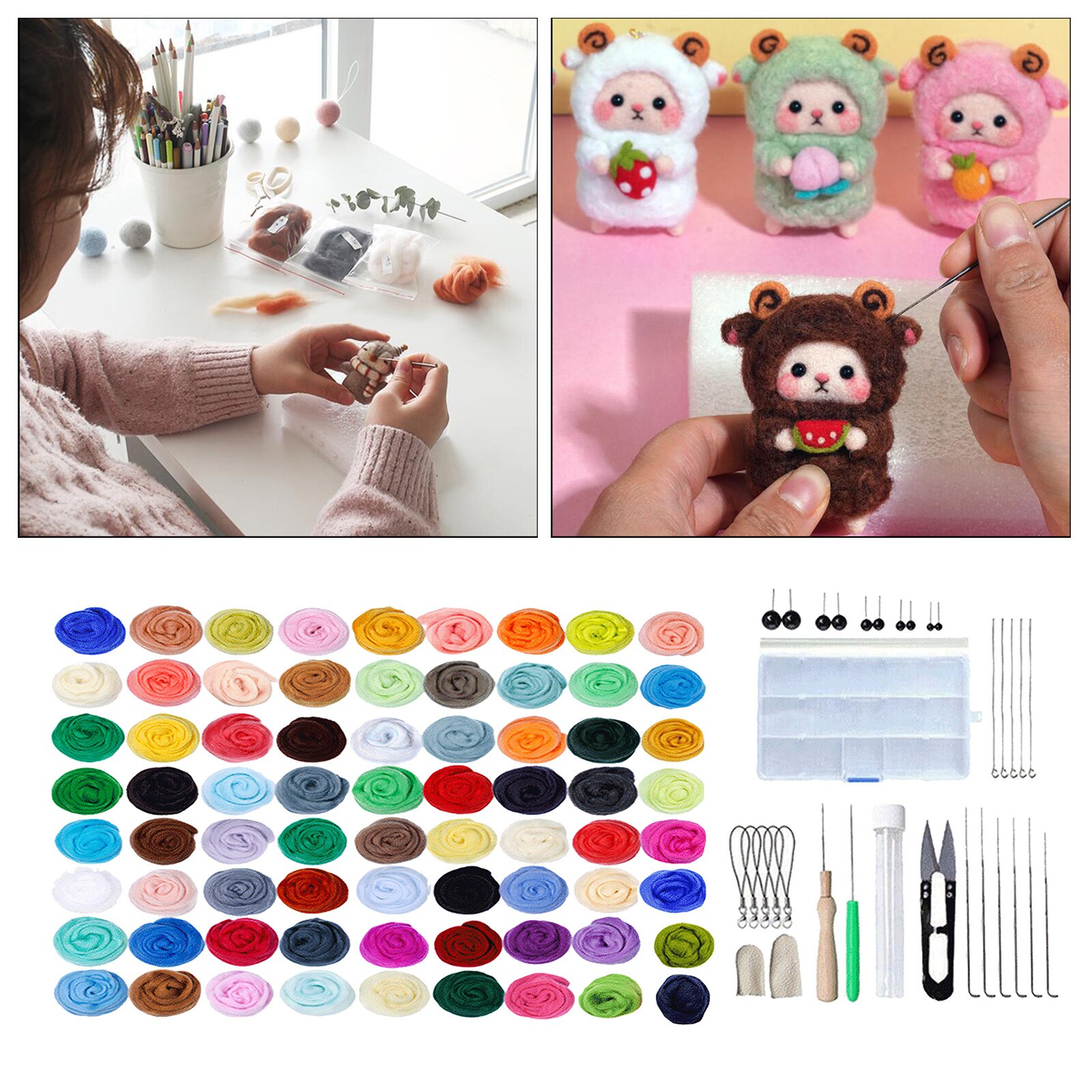 Needle Felting Kit Felt Work Tools Pad Scissor Felted Crafting: 72 Colors