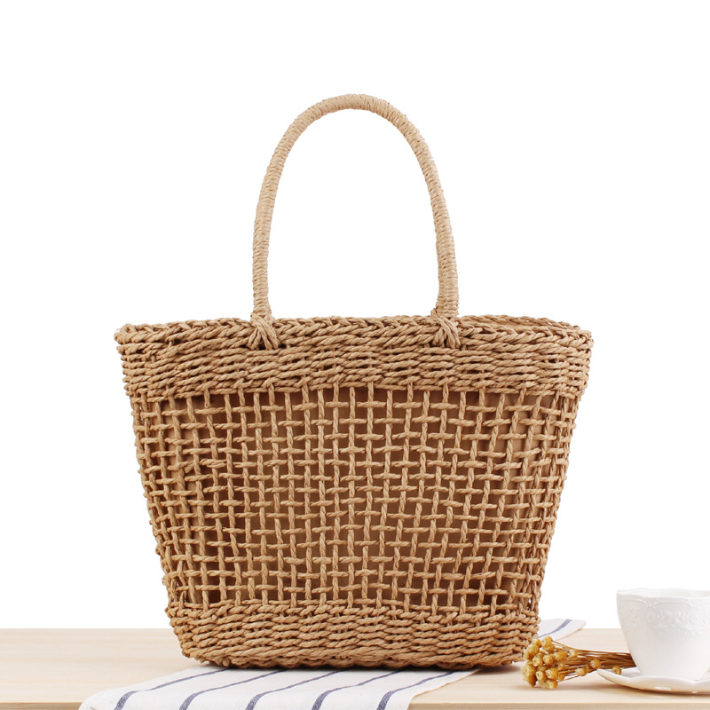 Handgemaakte dames handtas bohemian holle strozak geweven zomer strandtassen dames mesh tas net tas mand tas: Handtas met kaki voering