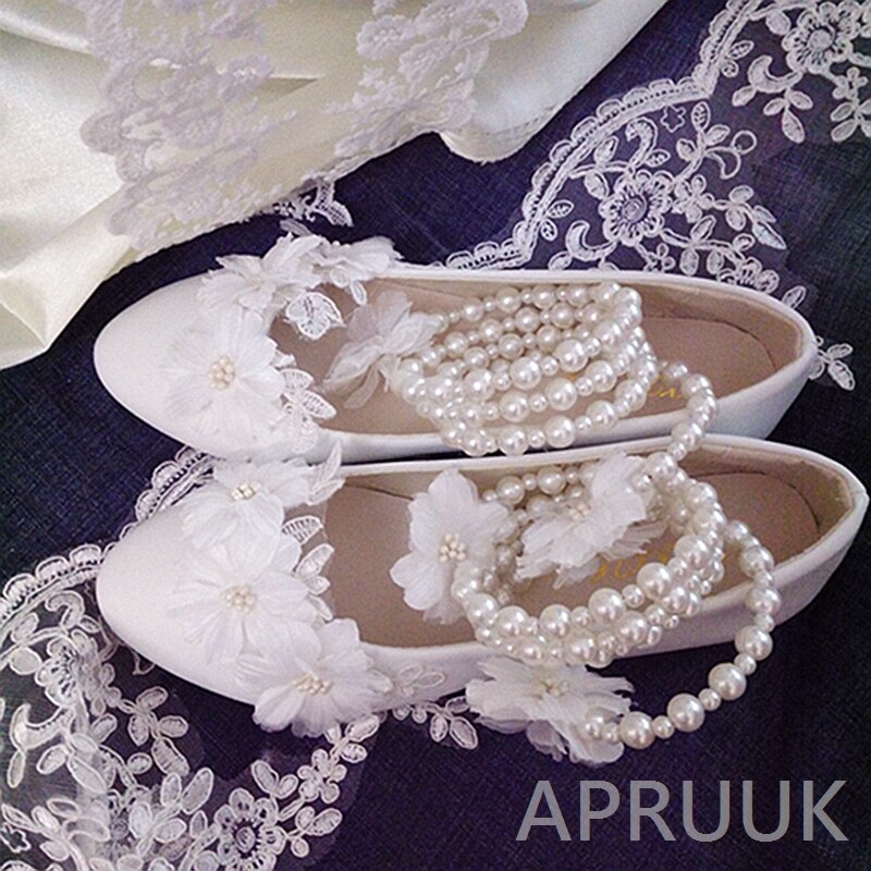Luxury handmade flower wedding flats shoes bride plus size small big sizes pearls ankle strap bridal flats ladies party shoe
