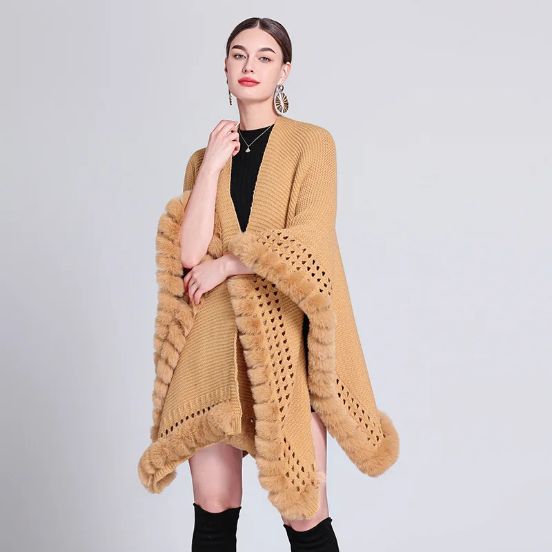 Herfst Winter Warme Oversized Lange Poncho Capes Koord Faux Bont Uitgehold Gebreide Outstreet Sjaal Mantel Vrouwen Dragen Losse Jas