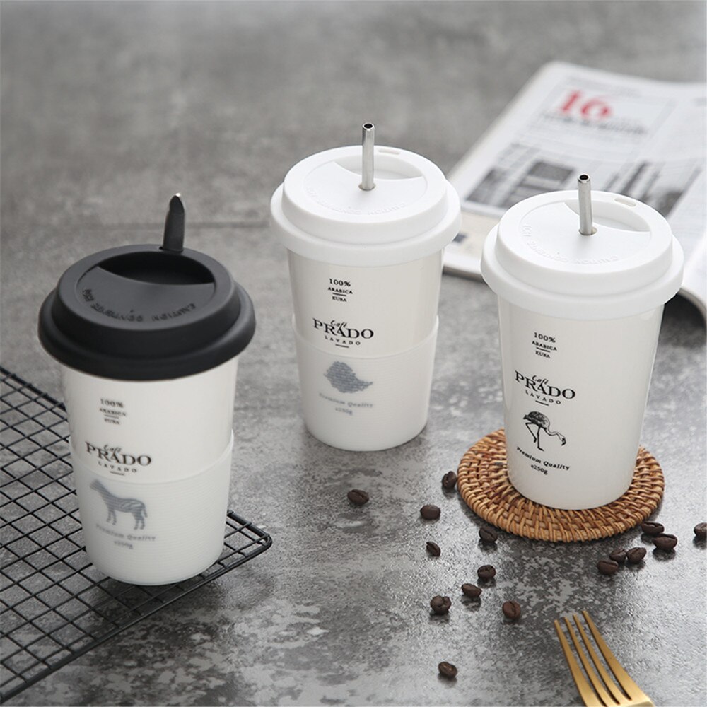 Keramisk kaffekrus med låg halm animalsk trykte krus mælk te kop bærbart hjemmekontor drinkware 1pc