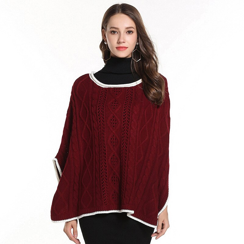 Mulheres Outono Wiinter Poncho Cloak Camisolas Solto Meia Manga Capa de Malha Escavar Pullovers Feminino Elegante Sólida Casaco Quente: Borgonha