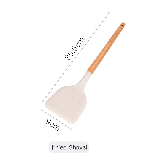 White Cooking Utensils set Silicone Kitchen Tools Set with Wood handle for Nonstick Cookware Kitchen set with Spatula/Spoons: Fried Shovel