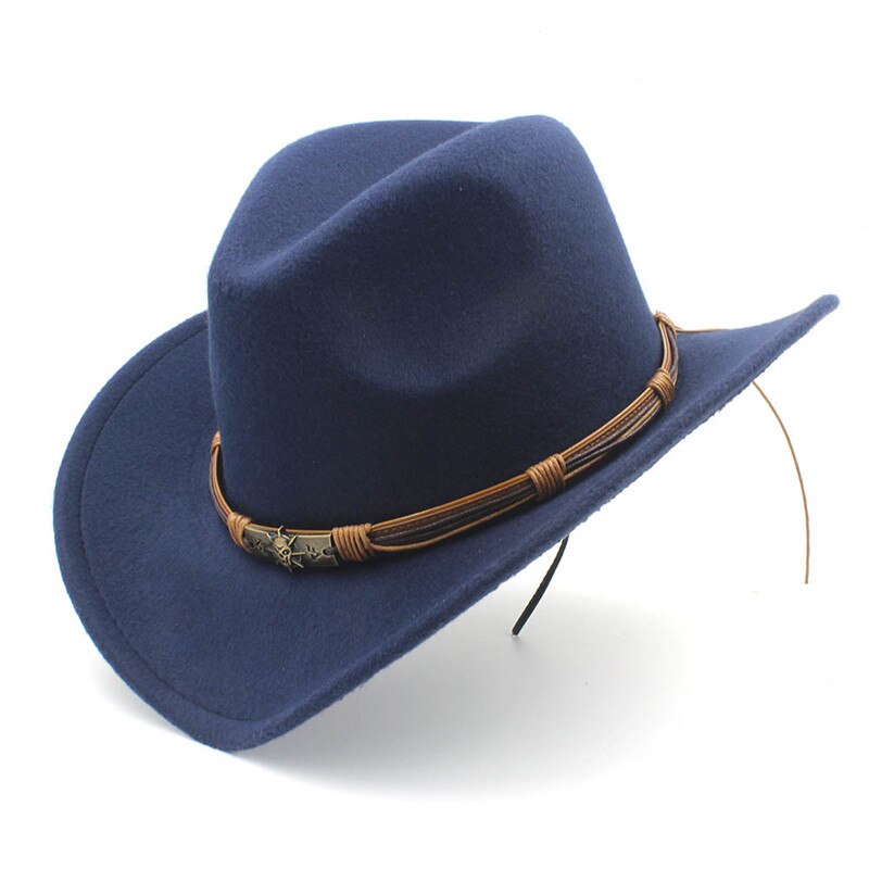 Mistdawn dame herre ull vestlig cowboyhatt herre dame cowgirl jazz sombrero lokk belte str 56-58cm: Marineblå