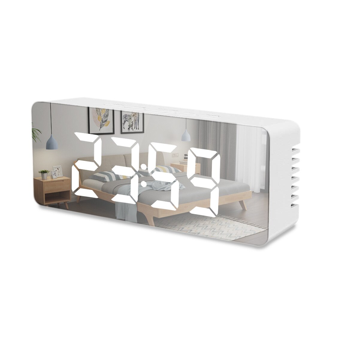 Led-spiegel digitale wekker snooze tafelklok weklamp elektronische temperatuur usb despertador woondecoratie: Rechthoek wit