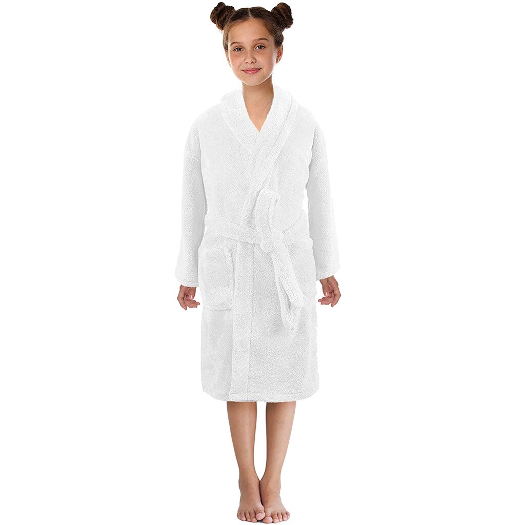 Thick Solid Flannel Robes Toddler Boys Girls Solid Flannel Bathrobes Towel Night-gown Pajamas Sleepwear Халат Махровый Женский: White / 9-12 Years