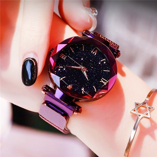 Womens Watch Femme Starry Sky Watches Stainless Steel Mesh Magnet Strap Quartz Watch for Sisters Girlfriend: Purple 