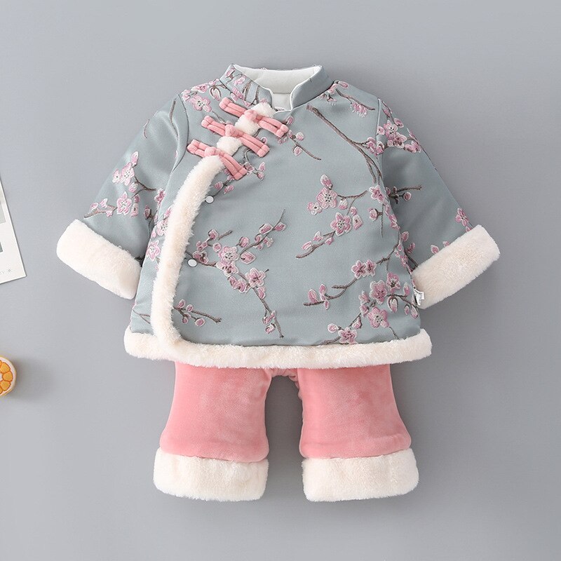 Nyfødt baby år tang jakkesæt kinesisk traditionel spædbarn cheongsam outfit pige etnisk hanfu fancy fe dans fløjl tøj: Farve 3 / Højde 100cm