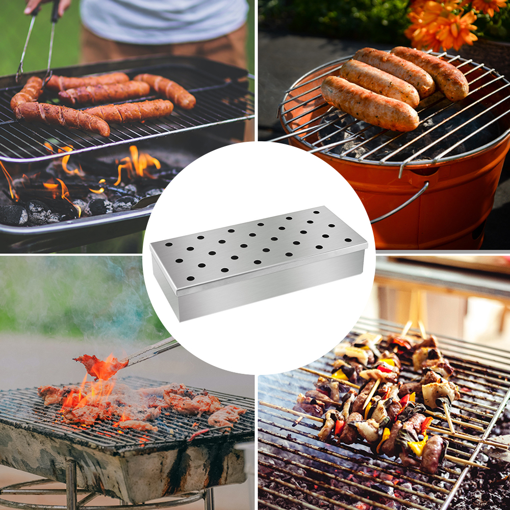 BBQ Stainless Steel Smoker Box Wood Chip Charcoal Gas Grilling Smoke Generator Outdoor Barbecue Accessories