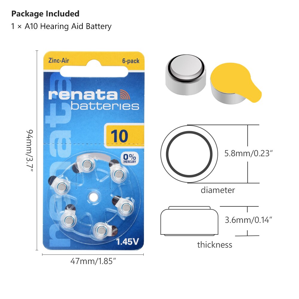 6Pcs Size 10 Hearing Aid Battery 1.45V ZA10 PR70 10AE P10 Zinc Air Batteries