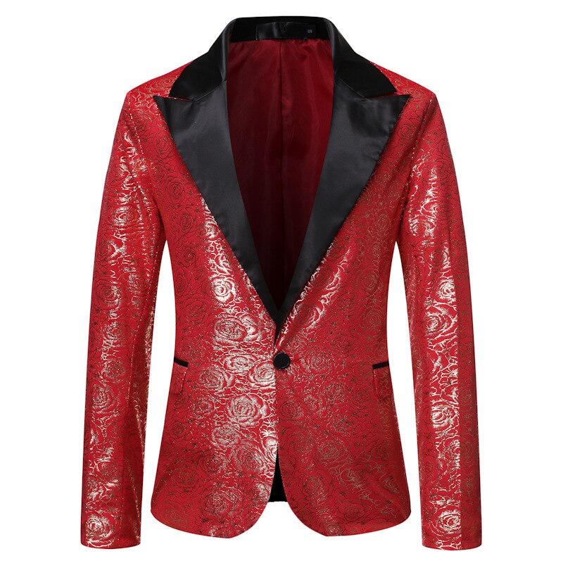 Men's Rose Gold Print Suit Jacket One Button Patchwork Colalr Dress Blazers Male Party Dinner Wedding Stage Clothes for Singers: Red / US Size L