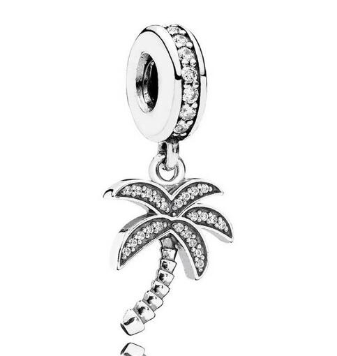 Genuine 925 Sterling Silver Bead Charm Vintage Palm Tree With Crystal Pendant Beads Fit pan Bracelet & Necklace Jewelry