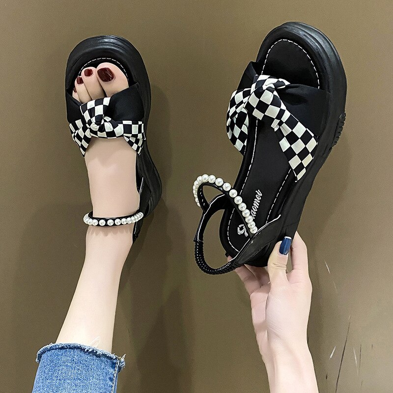 Thick-soled Sandals Women&#39;s Summer Color Matching Checkerboard Beach Sandals Open Toe Shoes Platform Shoes Sandals