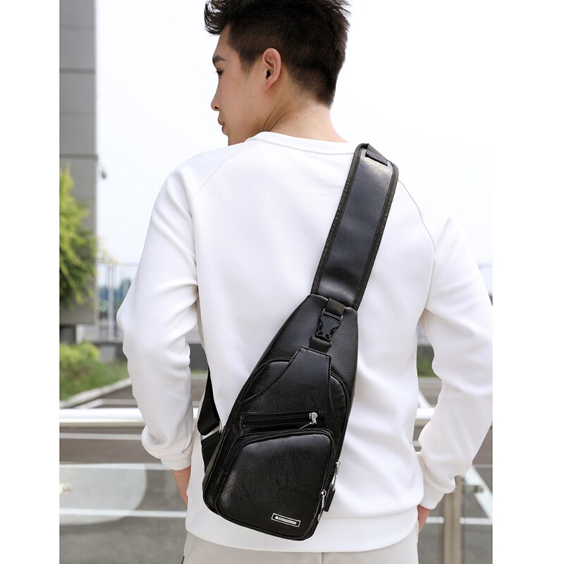 Mini USB Interface Plenty of Space Mens Casual Bag Outdoor Sling Bag Travel Day Pack PU Leather Chest Bag Crossbody Bag