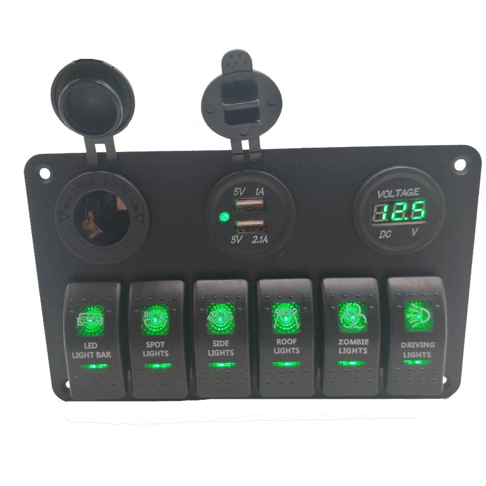 5 Gang Switch Panel Dual USB Wiring Kits DC12V~24V Power Socket Marine Boat Car Switch Panel: 6 Gang  Green LED