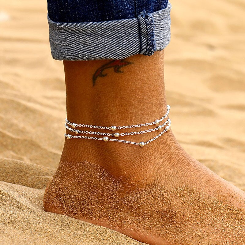 USTAR Beads Layered Stainless Steel Chain Anklets for Women Adjustable Foot Bracelet Anklet Summer Sandals Jewelry No fading