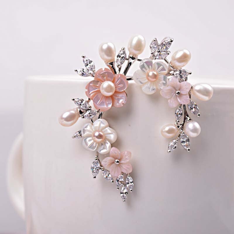 Red Trees Flower Brooch Pin For Women Wedding Bridal Jewelry With Freshwater Pearl & Cubic Zircon