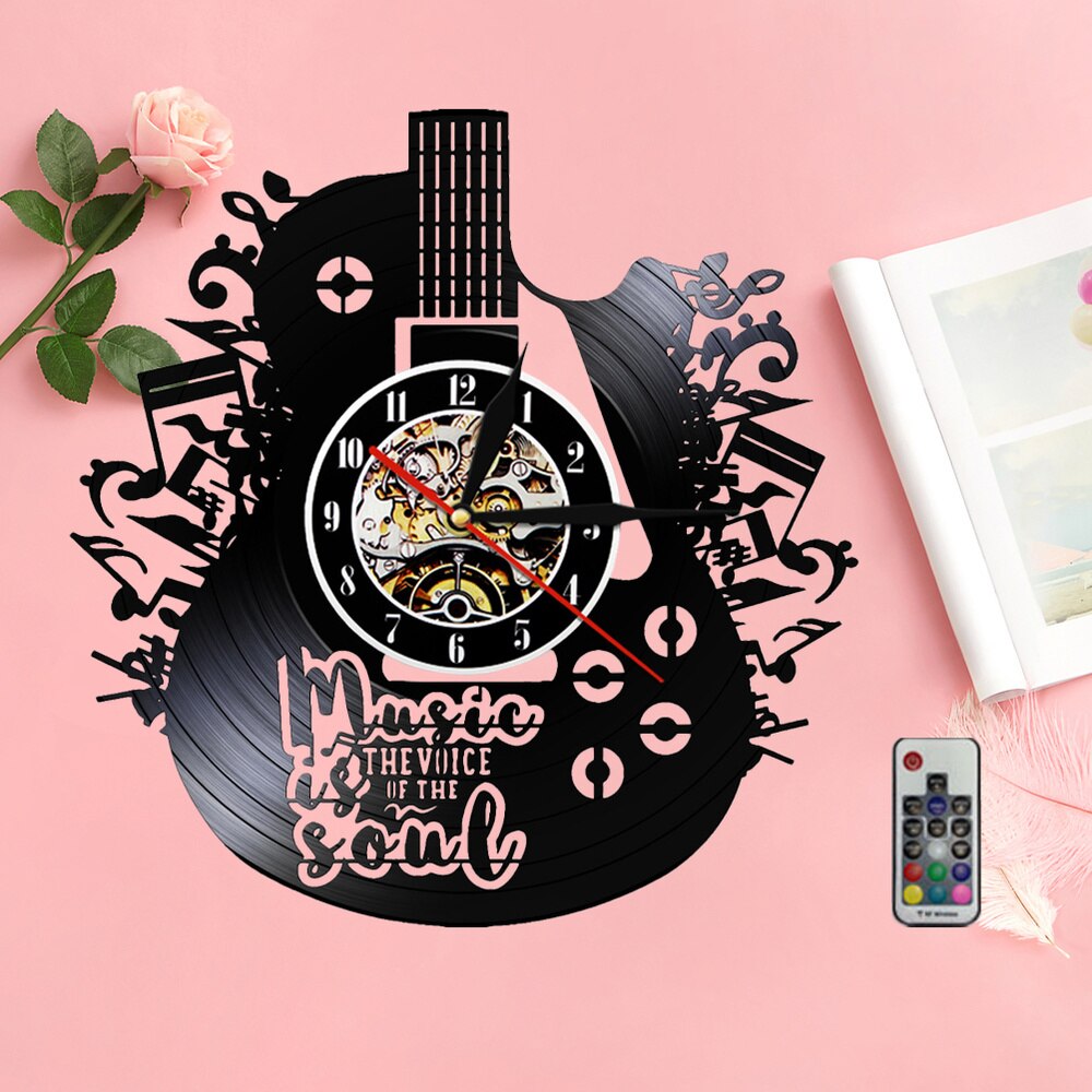 Reloj de pared de vinilo con forma de guitarra, colgante, , LED decorativo, sin lámpara, 1 ud.