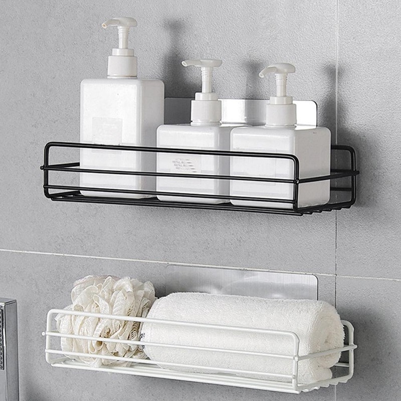 Repisas de hierro para almacenaje de baño, estantería de ducha sin perforación montada en la pared, cesta de succión de almacenamiento, color blanco y negro