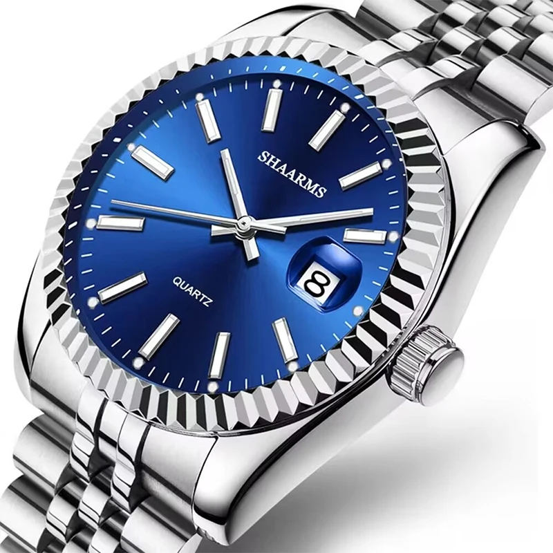 Horloges Heren Topmerk Luxe Blauw Horloge Kalender Met Roestvrij Stalen Band Business Quartz Horloge Relogio Masculino: Default Title