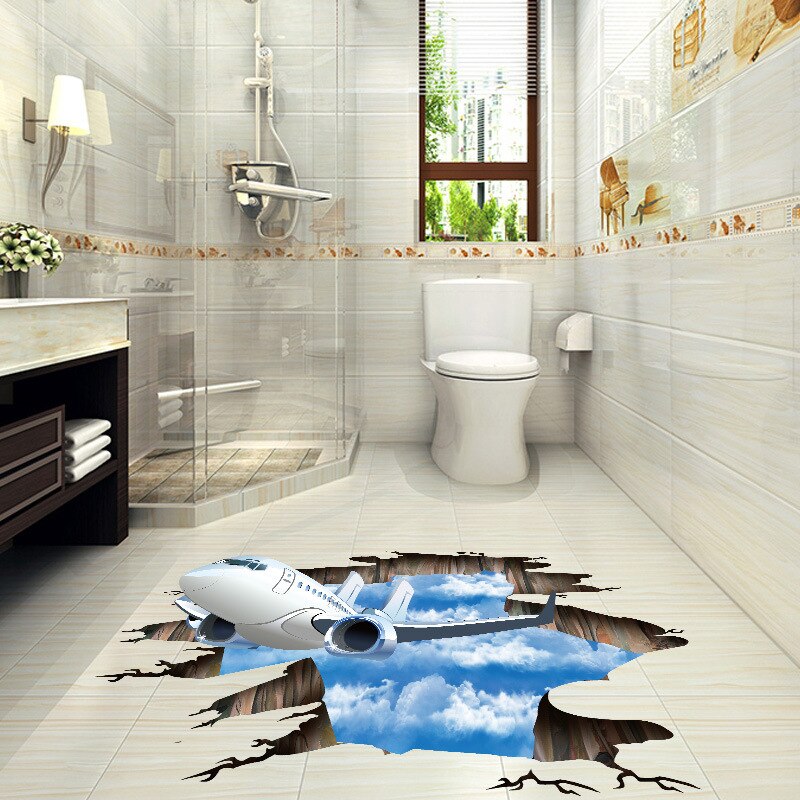 Blue sky 3D airplane Broken wall sticker Living room bathroom decoration decals home decor aircraft Broken Floor stickers