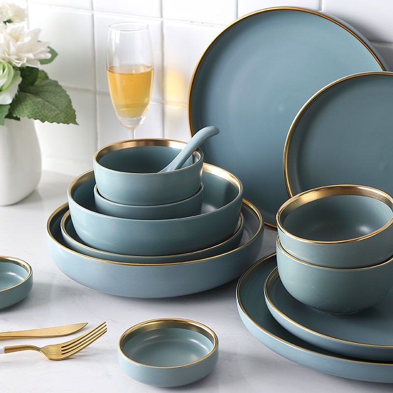 Europese Stijl Plaat Keramische Schotel Dinnerdinnerware Set Saus Rijst Kommen Soep Noedels Plaat Steak Westerse Voedsel Servies WF702214