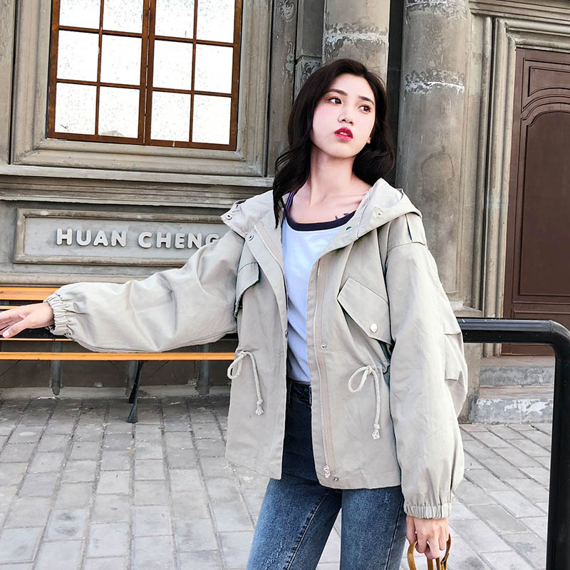 Loose Trend Trench Coat Spring Autumn Women's Hooded Harajuku Short Section Windbreaker Outerwear Female Casual Trench Coat