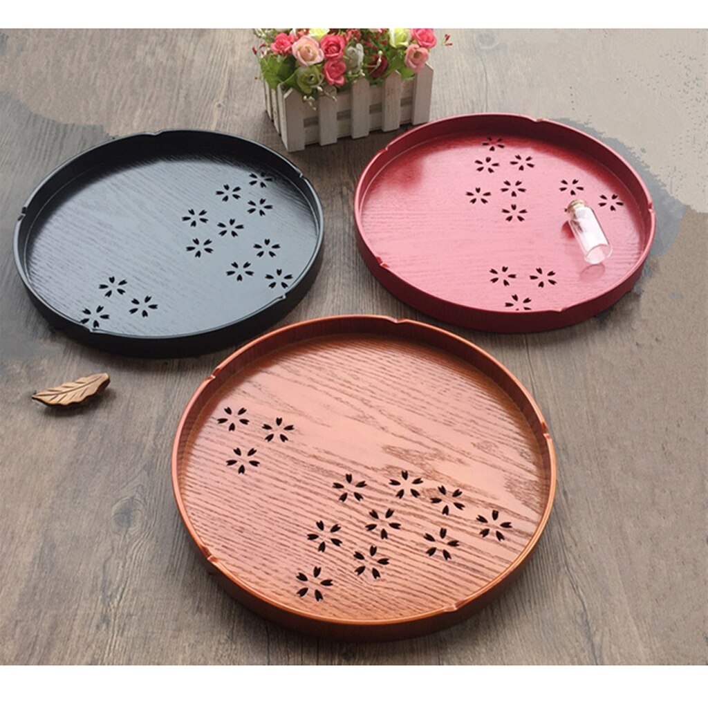 6 Types Serving Tray Wooden Tray Japanese Style Tea Home Hotel Guest Room Dish Round Wood Trays with Hollowed-out Cherry Blossom