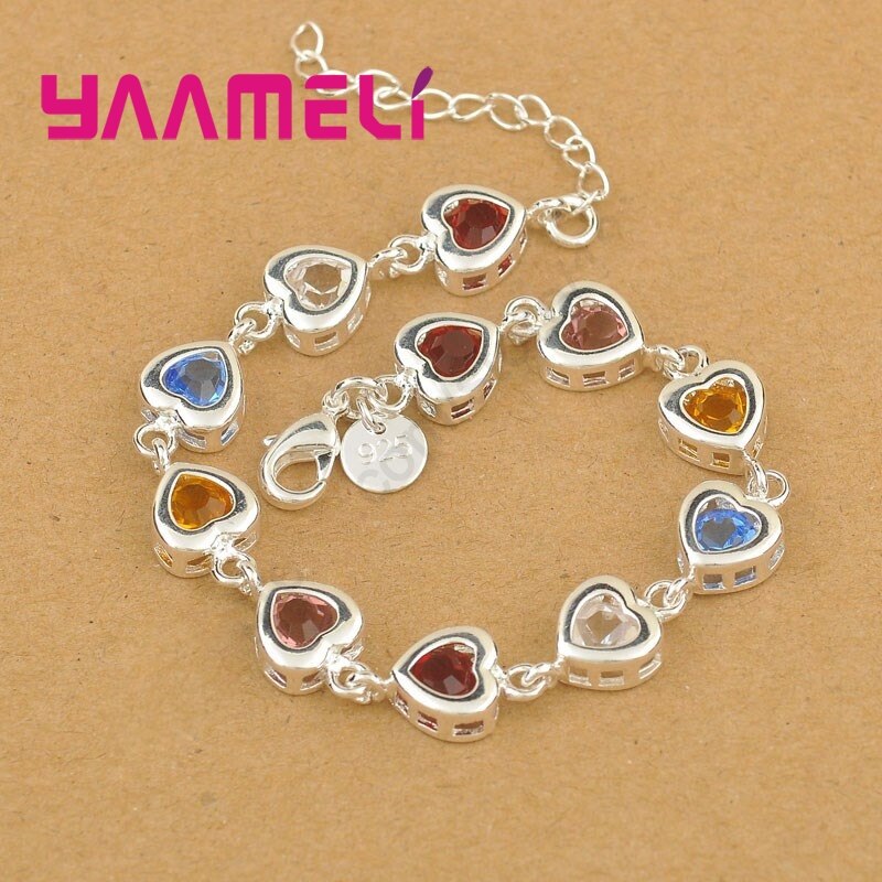 Sweet Valentine's Shining 925 Sterling Silver Multicolor Cubic Zircon Stone Heart Charms Women Ladies Bracelet: Heart