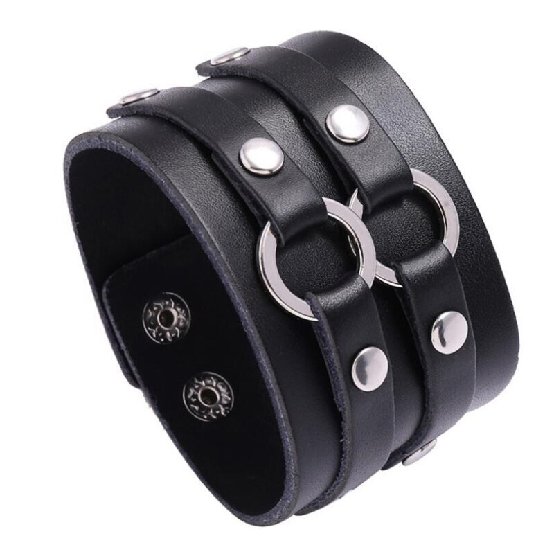 Double Belt Leather Wrist Friendship Big Wide Bracelet For Men Circle Buckle Vintage Punk Bangles Mens Jewelry: black