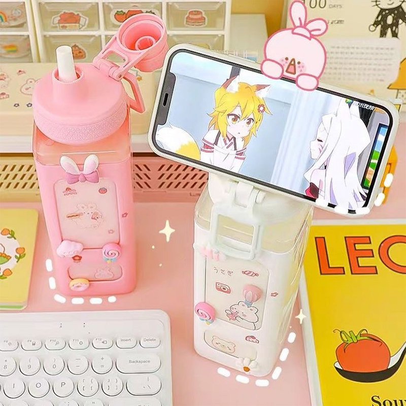 Kawaii Bär Pastell Wasser Flasche Mit 3D Aufkleber 700ml/900ml Kunststoff Reise Tee Saft Milch Tragbare Nette Shaker Trinken Flasche