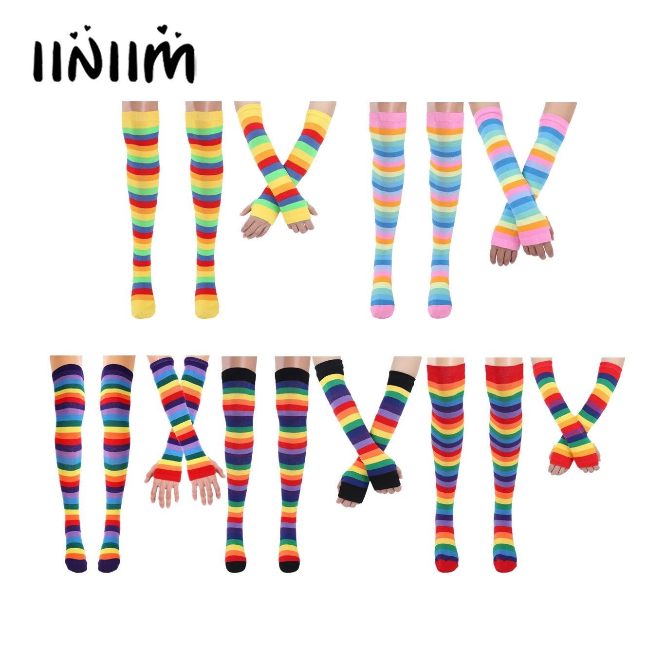 Lot De 2 Paires Chaussettes Hautes + 2 Paires Manchons Rayés Arc-en-ciel - Coton élastique, Pour Cosplay Et Fêtes