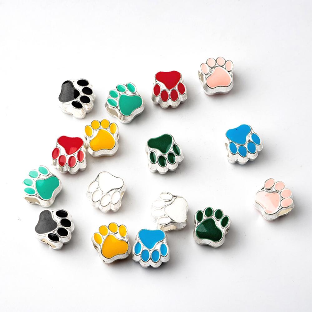 50Pcs Colorful Enamel Pet Dog Puppy Paw Print Footprint Big Hole Metal Bead Animal Pendant Charm Necklace Bracelet