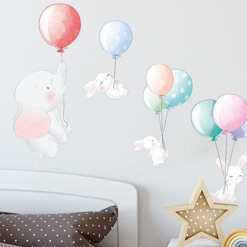 Tecknad färg ballong elefant väggdekaler för barnens baby rum dekoration självhäftande papper barn