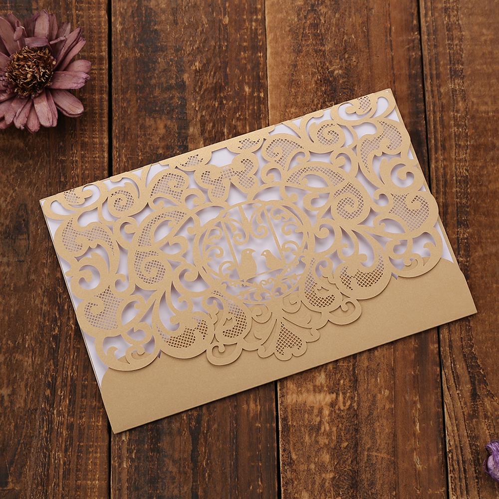 10pcs Pearl Paper Floral Wedding Invitation Card Sets with Blank Inner Sheets Blue/Gold Bird Pattern Wedding Cards Birthday Card