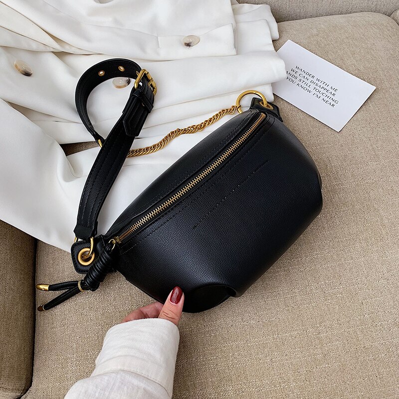 Women Waist Packs Leather Fanny Letter Belt Bags Shoulder Wild Messenger Chest Crossbody Bag Pouch: Black