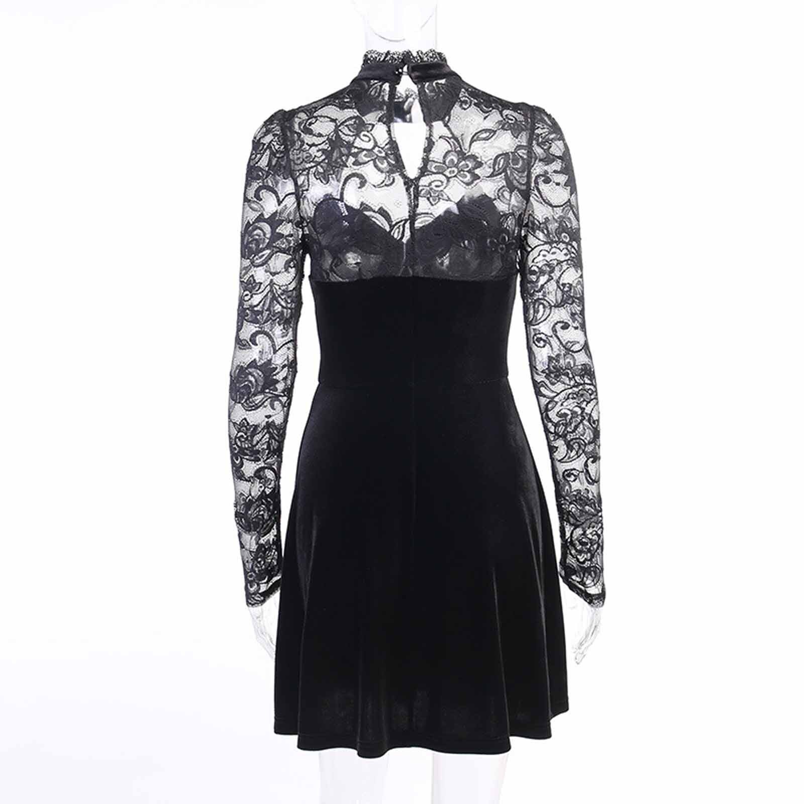 Women Gothic Dress Long Sleeve Hollow Out Lace Patchwork Punk Dress Autumn And Winter bodycon dress ropa de mujer