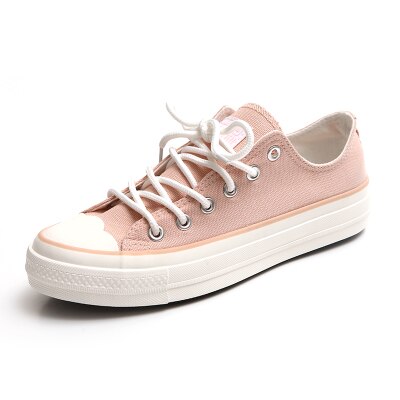 Våren kvinnor canvas skor dam flicka rosa skor snörning vulkaniserad söt preppy stil platt klack anti-halk vita sneakers färgglada: Rosa / 5