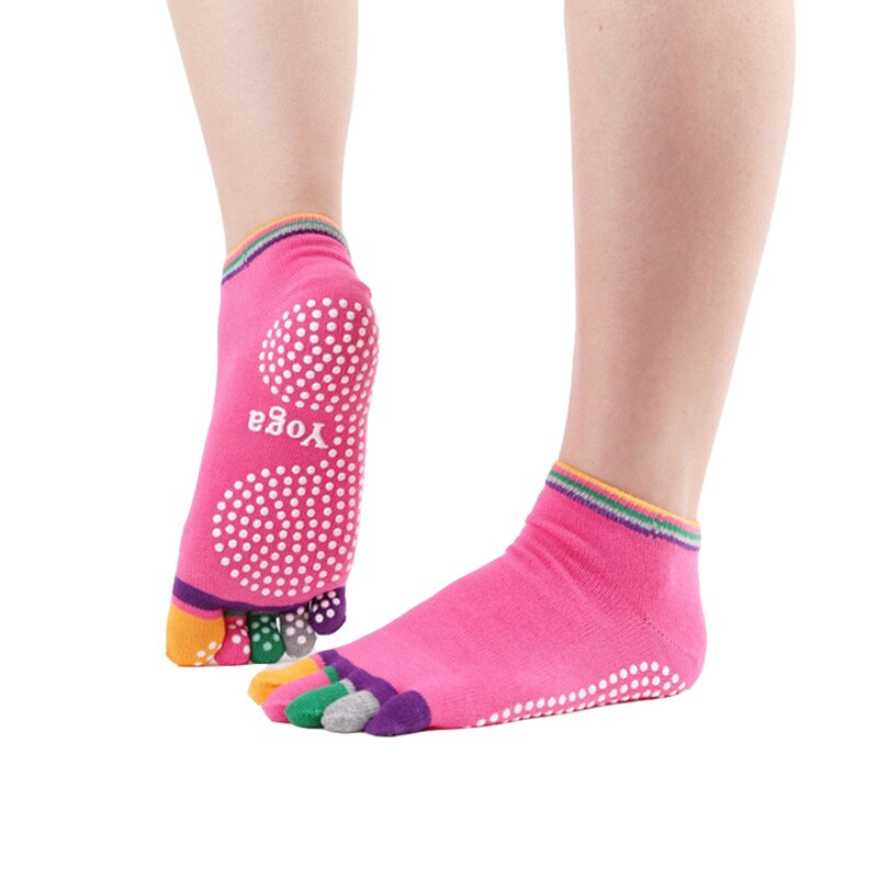 Chaussettes de Yoga à cinq doigts pour femmes, antidérapantes, colorées, en coton, avec poignées et points en Silicone antidérapants, tailles 34 à 39, paire/lot: Pink
