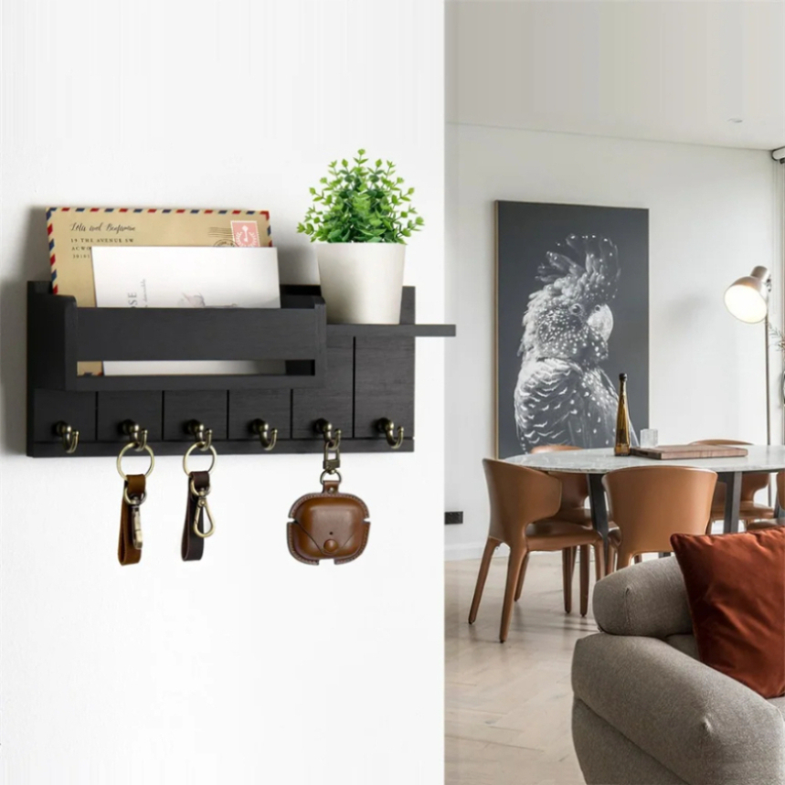 Rustic Decor Wood Wall Shelf with Mail & Key Hooks 6Hook Organizer Suitable for Living Room or Home Entryway