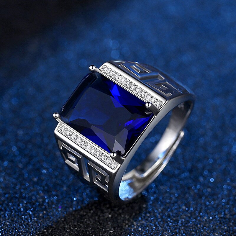 Classic Men's Silver Plated Ring Domineering Square Cut Blue Zircon Wedding Band Ring Business Finger Ring Male Jewelry