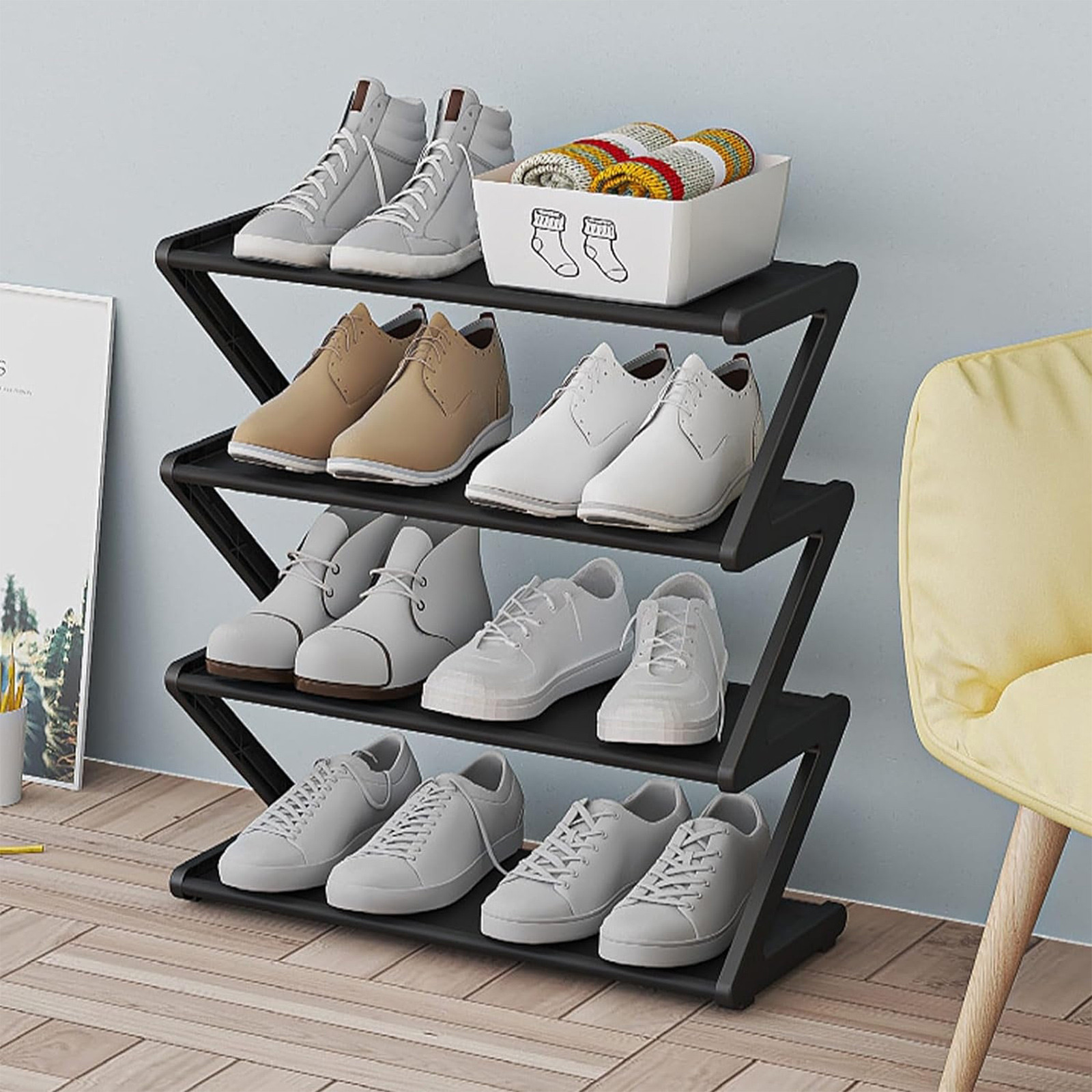 Organizador de zapatero de acero inoxidable de 4 niveles, gabinete de zapatos independiente, gabinete de zapatos de entrada multifuncional, gabinete de zapatos de pasillo