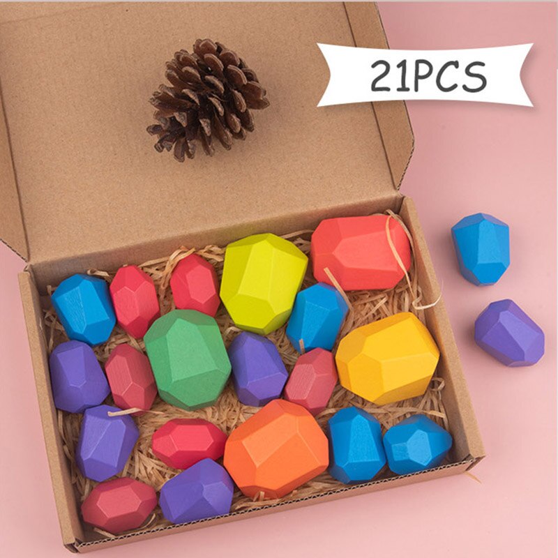 Di Legno colorato Pietre Giocattoli di Legno Blocchi di Costruzione Blocchi di Bilanciamento Impilabile Gioco Arcobaleno di Pietra Colorata Educativi Giocattoli Di Puzzle: 21pcsset box