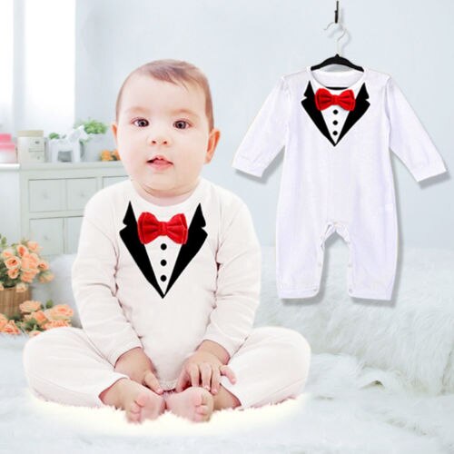 1Pcs Baby Boys Cute Lovely Rompers Bowtie Gentleman Modelling Clothes 0 36Mths Kids Wear Infant Long Sleeve Jumpsuits Size: White / 12M