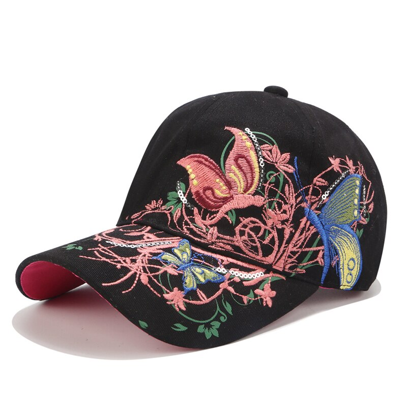 Gorras de béisbol a la para mujer, gorros de béisbol a la de algodón informales para adultos, para exteriores y viajes, Sombreros con bordado de mariposas y flores: Black