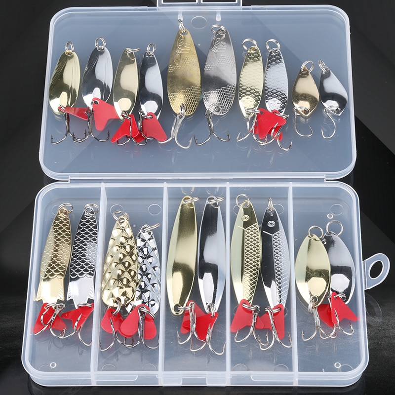 Mixed Colors Fishing Lures Spoon Bait Set Metal Lure Kit Sequins DD Fishing Lures with Box Treble Hooks Fishing Tackle hard Bait