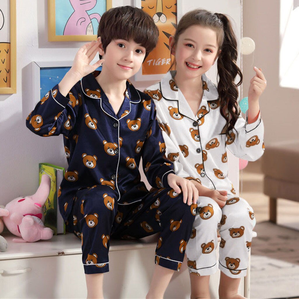 Toddler Sleepwear Outfits Boy Winter Long Sleeve Cartoon Bear Tops+Pants Pajamas Keep Warm Turn-down Collar Single Breasted D27#