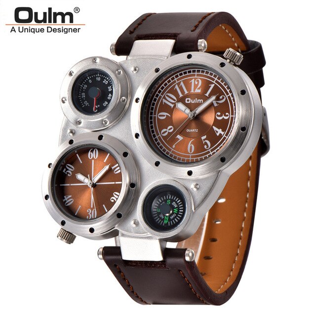 Oulm 9415 Mannen Horloges Twee Tijdzone Sport Quartz Mannen Horloge Kompas Decoratie Mannelijke Lederen Horloge: brown