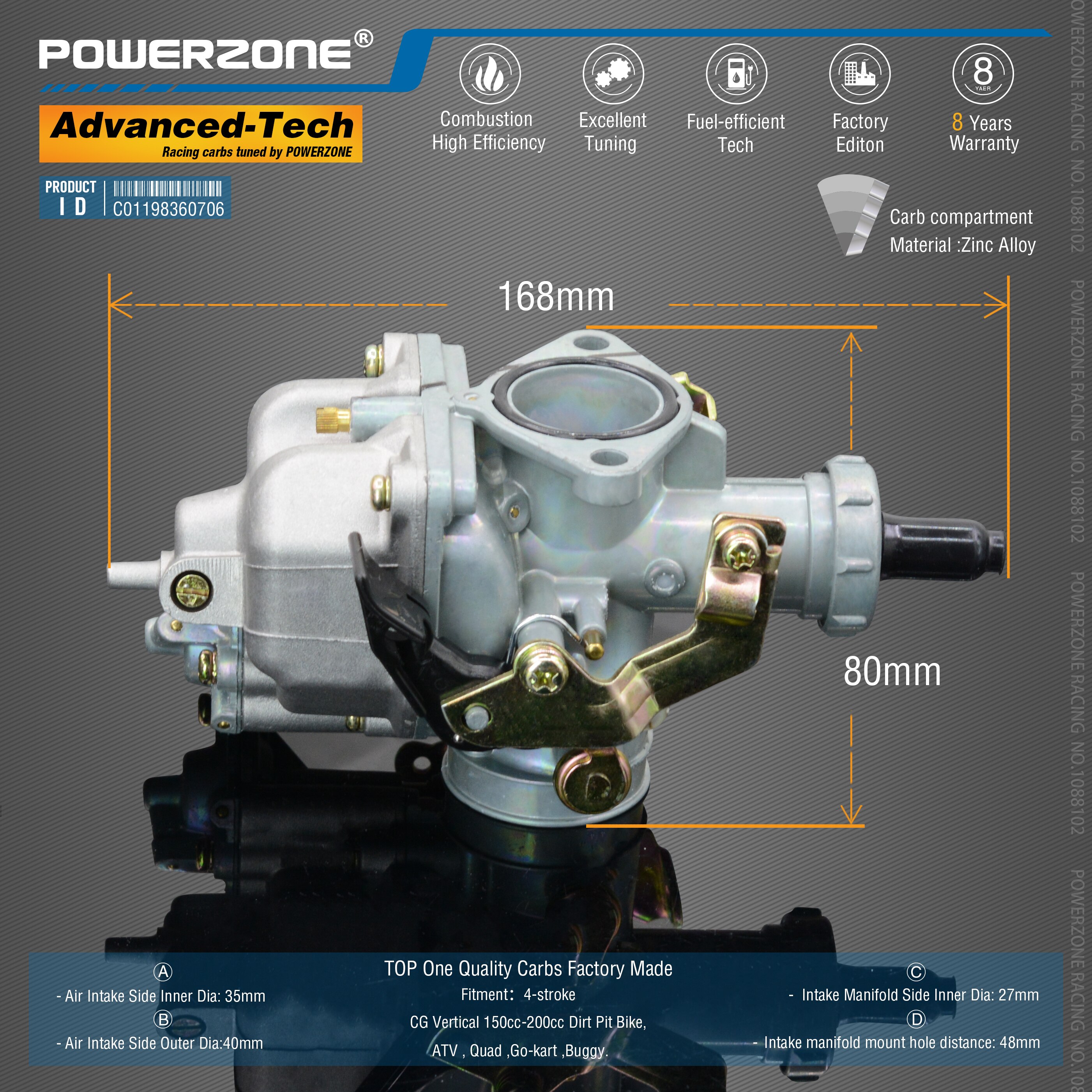 Powerzone Carburetor PZ27B 27mm CVK Accelerator Pump Carb For CG Vertical 150cc-200cc Dirt Pit Bike,ATV,Quad ,Go-kart ,Buggy