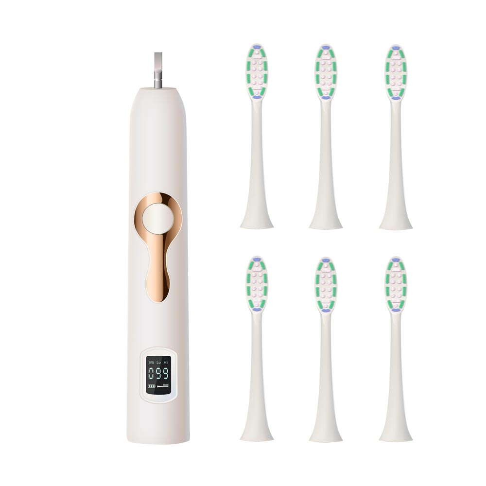 Here Mega Sonic Electric Toothbrush Smart Rechargeable Adult Toothbrush heads Replaceable Whitening waterproof LCD Screen 608: 608 White 6 head